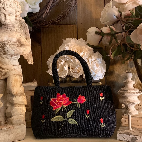 Vintage Handbags - Vintage black beaded red rose embroidered handbag